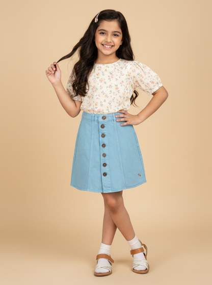 Knit N Knot Girls' Stylish Button Embellished Knee-Length Cotton Denim Turquoise Skirt