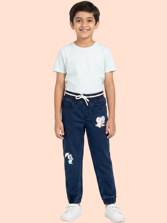 Knit N Knot Boys' Stretchable Navy Jogger with Embroidery Design