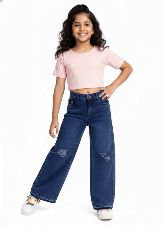 Knit N Knot Girls' Wide Flaring Fit High Waist Blue Cloud Ripped Jeans