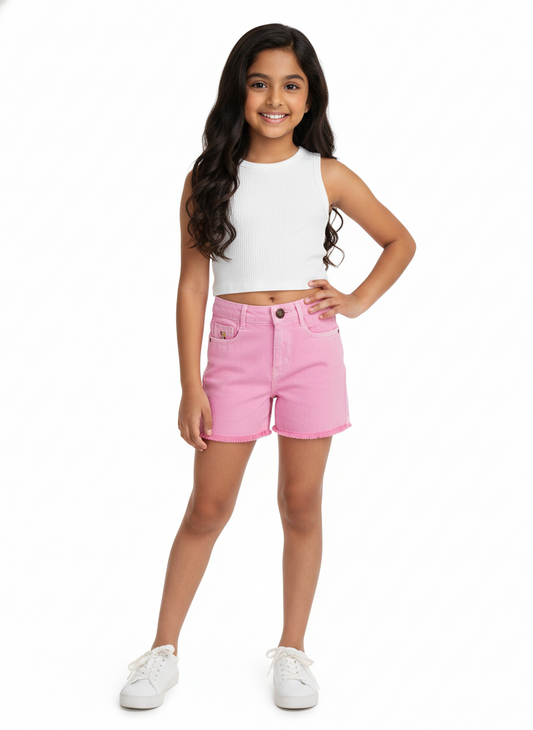 Knit N Knot Girls' Light Pink High Waist Denim Shorts with Frayed Bottom