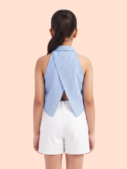 Knit N Knot Girls' Light Blue Denim Sleeveless Collared Top with Asymmetric Back