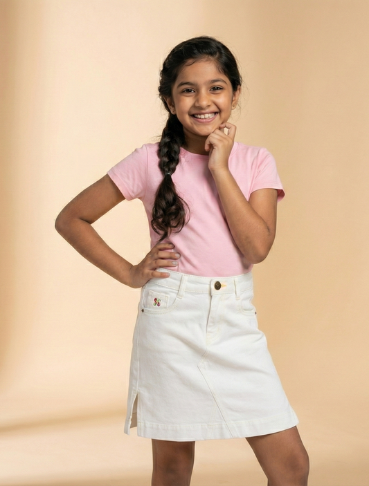 Knit N Knot Girls' Knee-Length Casual & Party Wear Milky White Cotton Denim Skirt with Side Slit