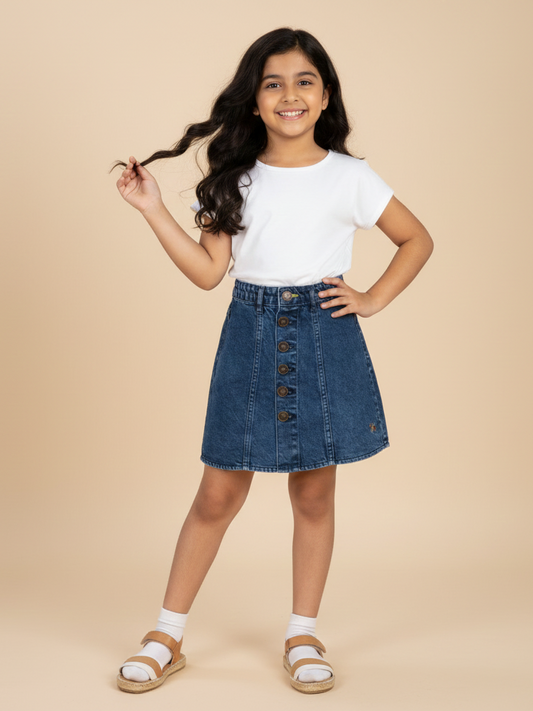 Knit N Knot Girls' Blue Faded Knee Length Button Embellished Cotton Denim Casual Skirt