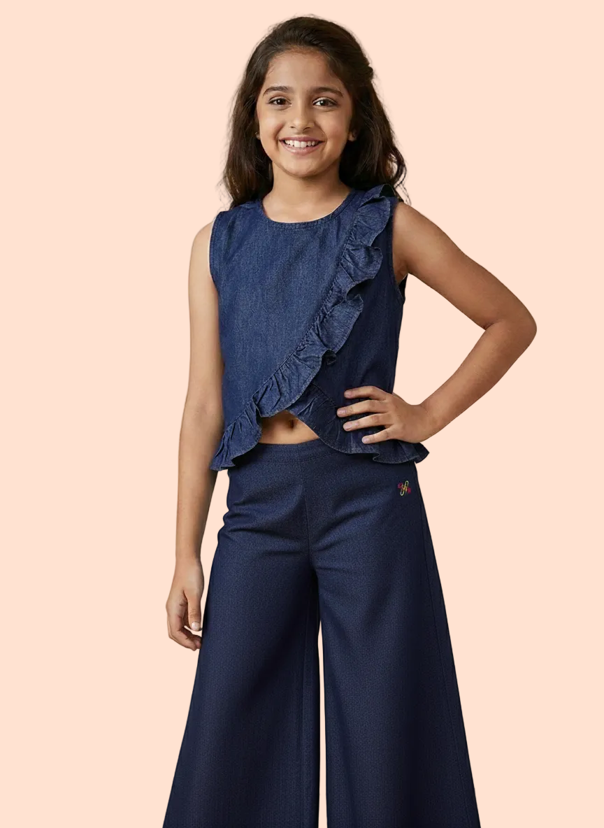 Knit N Knot Girls' Indigo Denim Co-ord Set with Ruffled Top & Palazzo