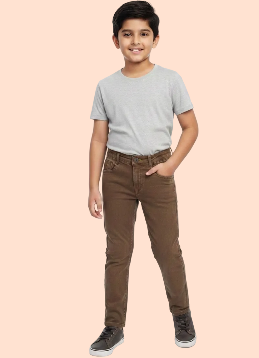 Knit N Knot Boys' Slim Fit Stretchable Brown Jeans