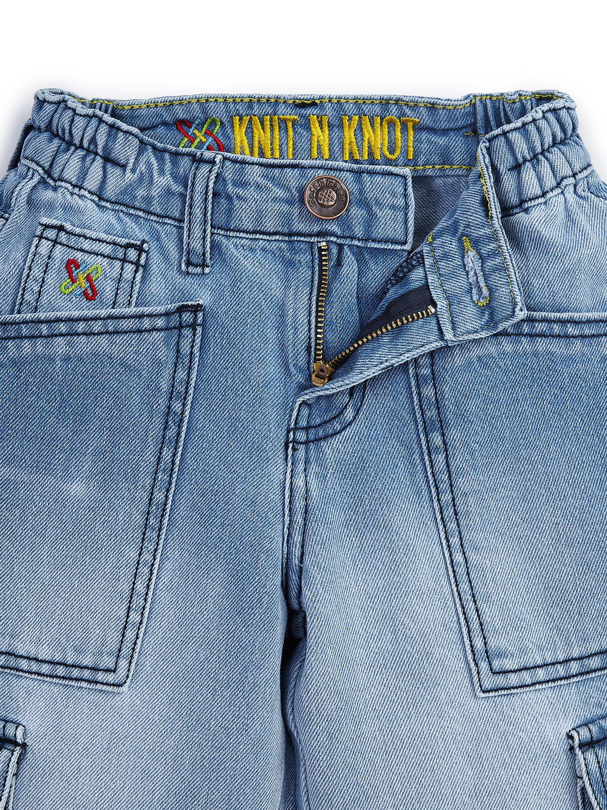 Knit N Knot Girls' Light Blue Elastic Waist Wide Flared Fit 7 Pockets Cotton Denim Cargo Jeans