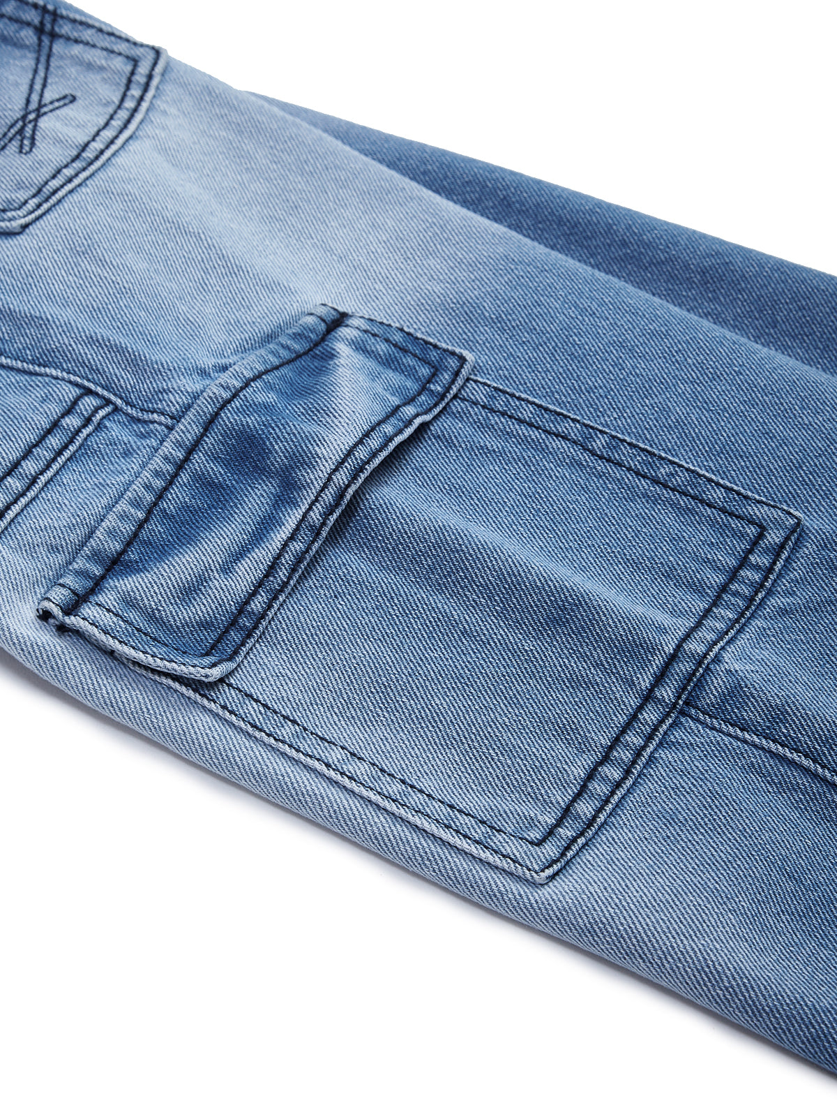 Knit N Knot Girls' Light Blue Elastic Waist Wide Flared Fit 7 Pockets Cotton Denim Cargo Jeans