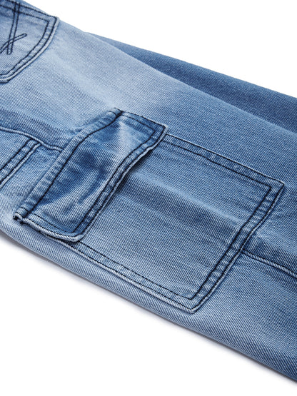 Knit N Knot Girls' Light Blue Elastic Waist Wide Flared Fit 7 Pockets Cotton Denim Cargo Jeans