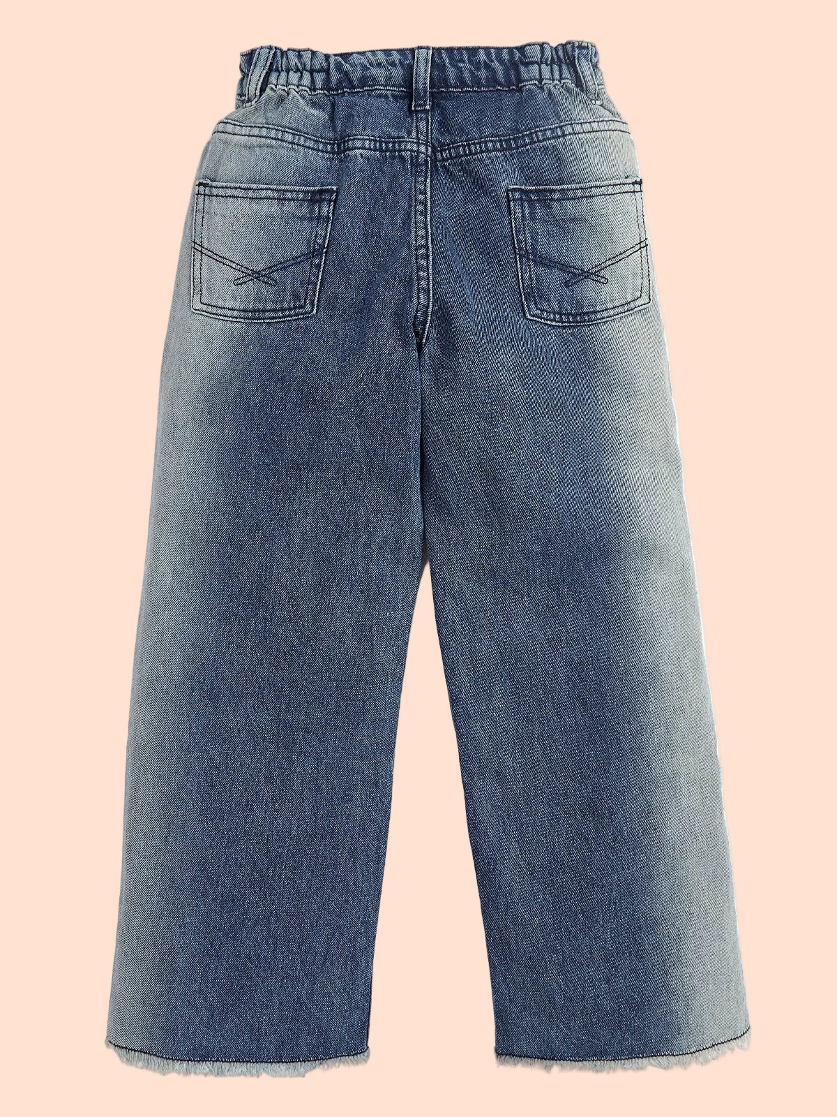 Knit N Knot Girls' Blue Side Faded High Waist Wide Flaring Fit Cotton Denim Jeans