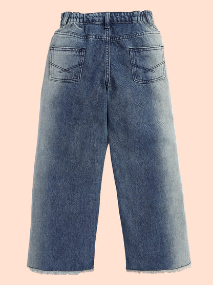 Knit N Knot Girls' Blue Side Faded High Waist Wide Flaring Fit Cotton Denim Jeans