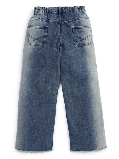 Knit N Knot Girls' Blue Faded Denim Co-ord Set | Waistcoat Style Top with High Waist Wide Flaring Fit Jeans | Cotton Denim Co-Ord Set for Girls