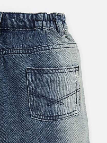 Knit N Knot Girls' Blue Side Faded High Waist Wide Flaring Fit Cotton Denim Jeans