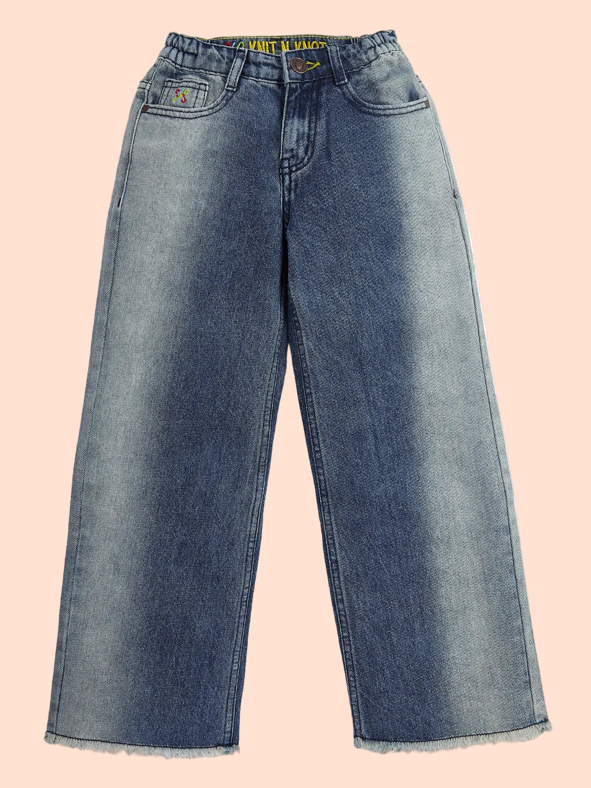 Knit N Knot Girls' Blue Side Faded High Waist Wide Flaring Fit Cotton Denim Jeans