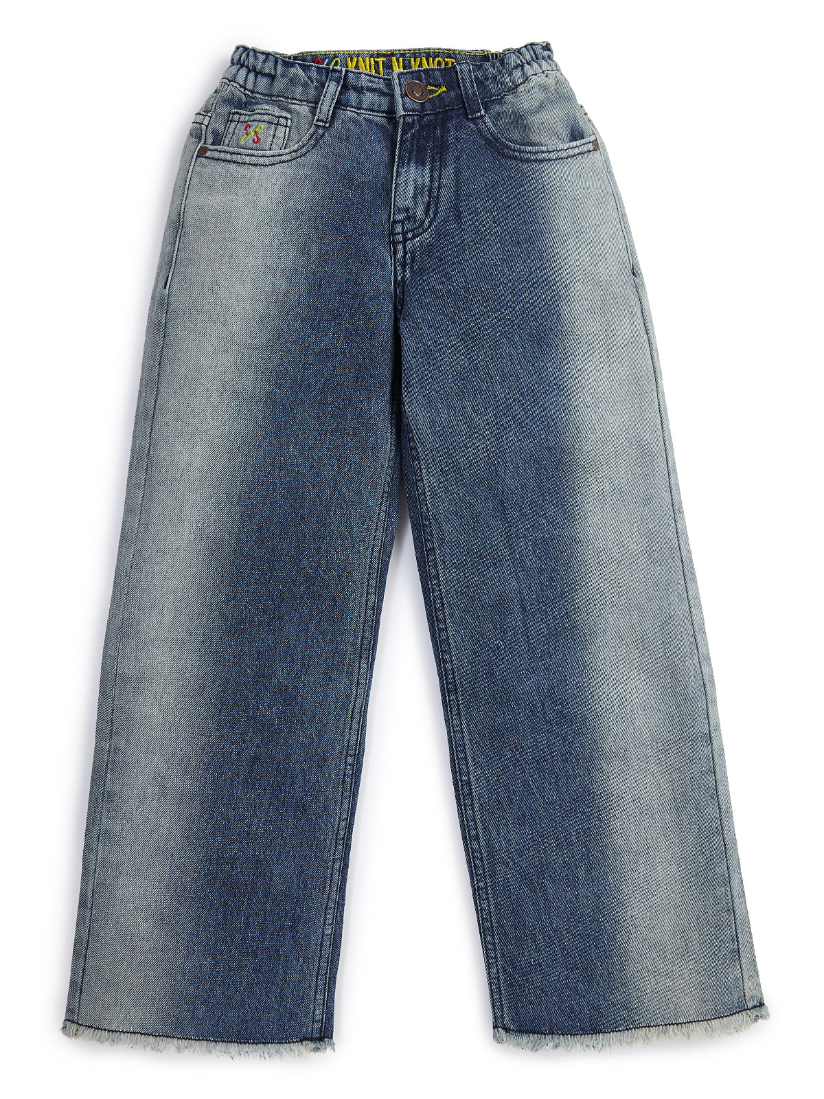 Knit N Knot Girls' Blue Faded Denim Co-ord Set | Waistcoat Style Top with High Waist Wide Flaring Fit Jeans | Cotton Denim Co-Ord Set for Girls