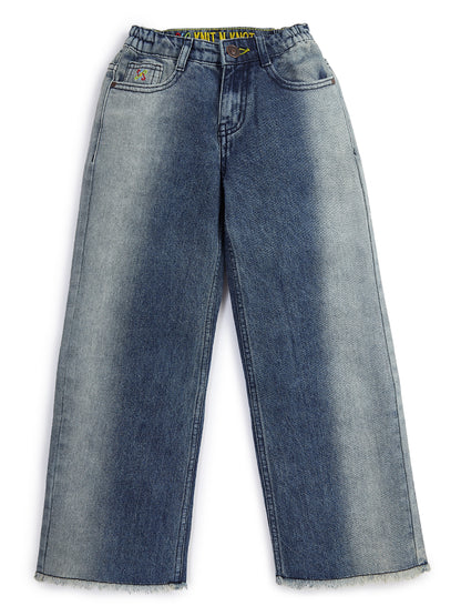 Knit N Knot Girls' Blue Faded Denim Co-ord Set | Waistcoat Style Top with High Waist Wide Flaring Fit Jeans | Cotton Denim Co-Ord Set for Girls