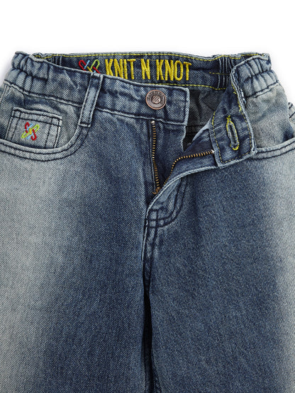 Knit N Knot Girls' Blue Side Faded High Waist Wide Flaring Fit Cotton Denim Jeans