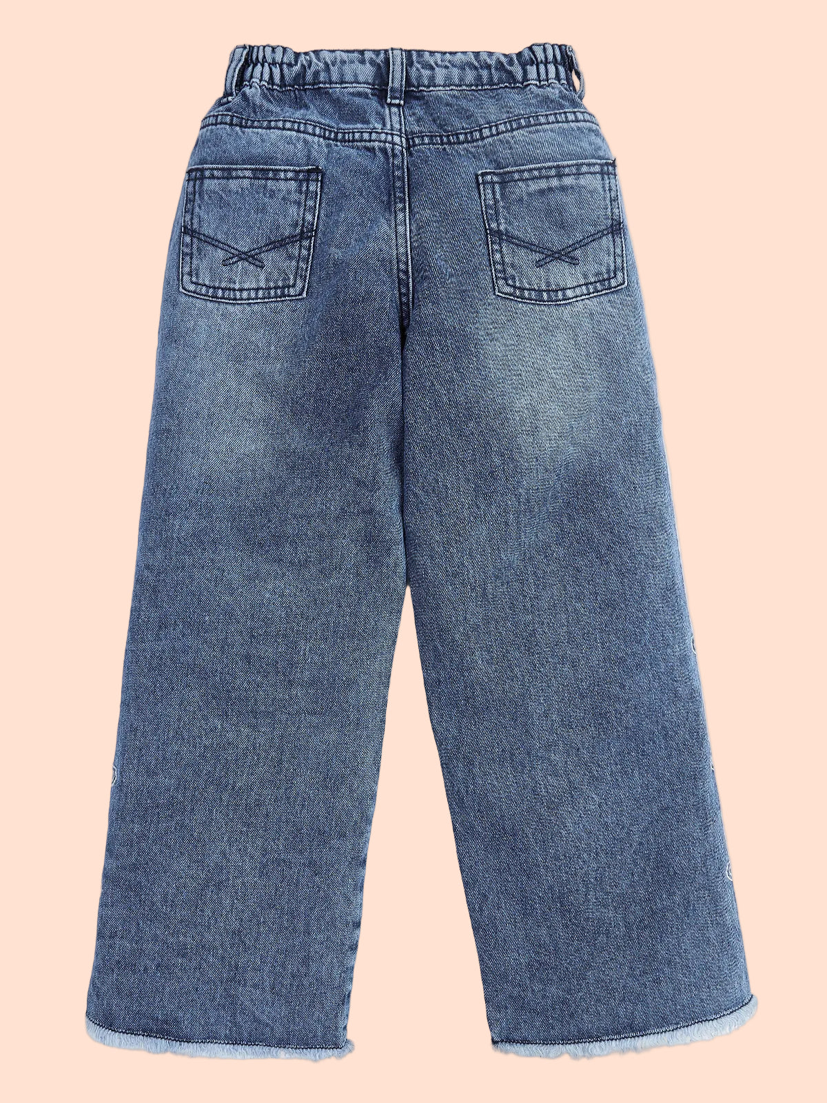Knit N Knot Girls' Blue Faded High Waist Wide Flaring Fit Cotton Denim Jeans with Embroidered Sides