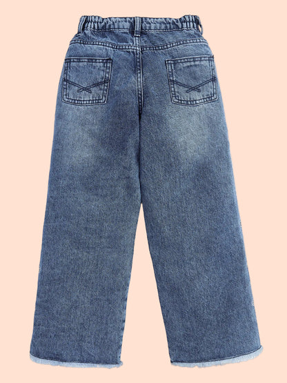 Knit N Knot Girls' Blue Faded High Waist Wide Flaring Fit Cotton Denim Jeans with Embroidered Sides