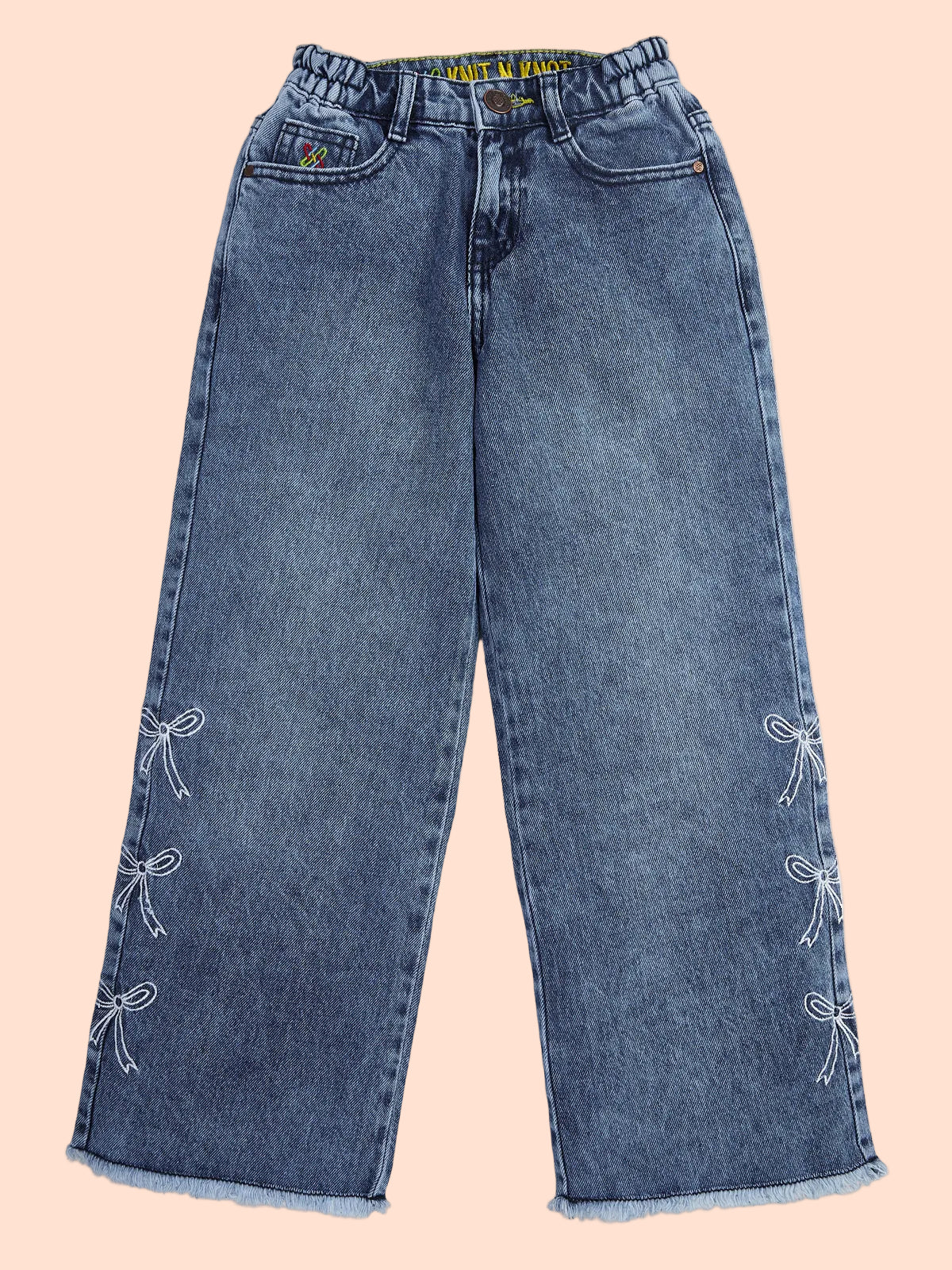 Knit N Knot Girls' Blue Faded High Waist Wide Flaring Fit Cotton Denim Jeans with Embroidered Sides