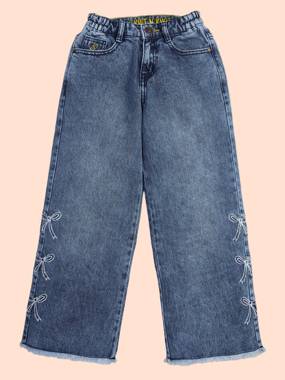 Knit N Knot Girls' Blue Faded High Waist Wide Flaring Fit Cotton Denim Jeans with Embroidered Sides