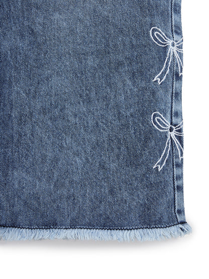 Knit N Knot Girls' Blue Faded High Waist Wide Flaring Fit Cotton Denim Jeans with Embroidered Sides