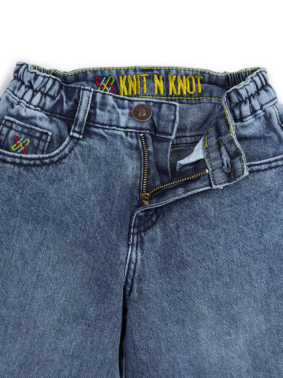 Knit N Knot Girls' Blue Faded High Waist Wide Flaring Fit Cotton Denim Jeans with Embroidered Sides