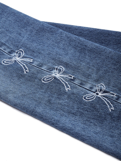Knit N Knot Girls' Blue Faded High Waist Wide Flaring Fit Cotton Denim Jeans with Embroidered Sides