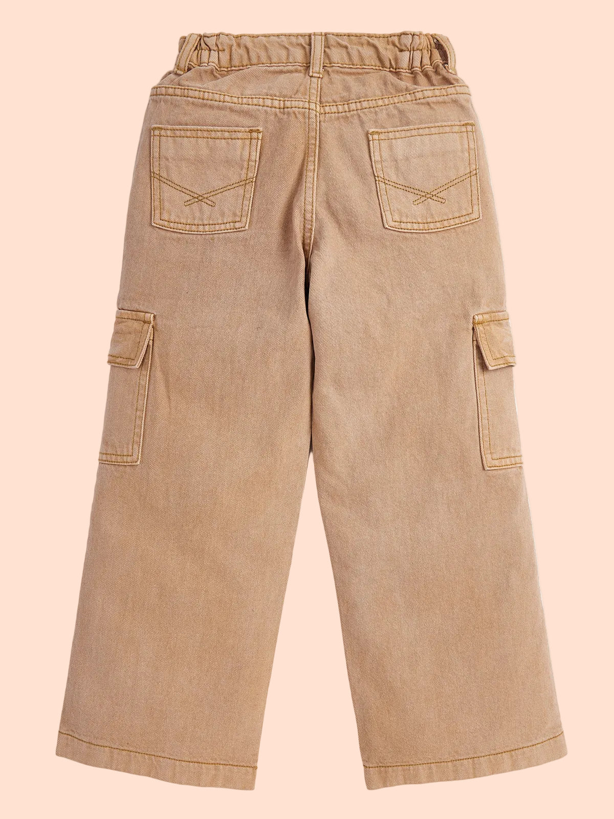 Knit N Knot Girls' 7-Pocket Wide Flared Fit Cotton Denim Cargo Jeans with Elasticated Waist