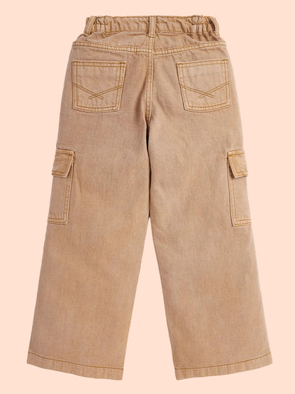 Knit N Knot Girls' 7-Pocket Wide Flared Fit Cotton Denim Cargo Jeans with Elasticated Waist