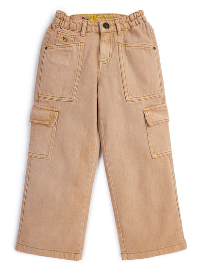 Knit N Knot Girls' Brown Cotton Denim Co-ord Set | Waistcoat Style Top with Cargo Jeans