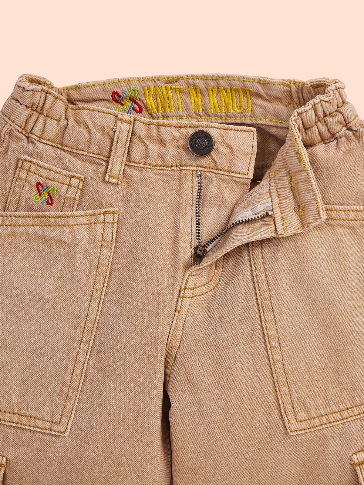 Knit N Knot Girls' 7-Pocket Wide Flared Fit Cotton Denim Cargo Jeans with Elasticated Waist