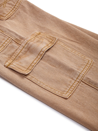 Knit N Knot Girls' 7-Pocket Wide Flared Fit Cotton Denim Cargo Jeans with Elasticated Waist