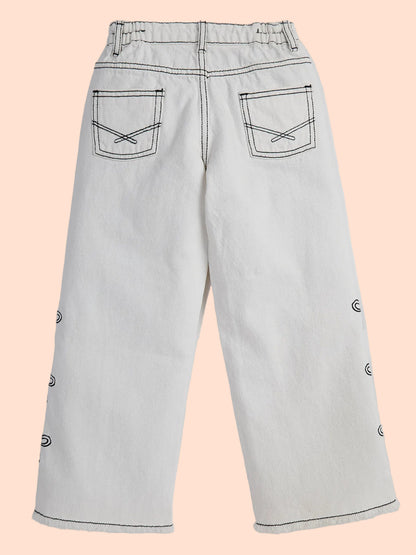 Knit N Knot Girls' Elastic Waist Stylish Wide Flaring Fit White Cotton Denim Jeans with Side Embroidery