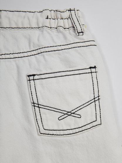 Knit N Knot Girls' Elastic Waist Stylish Wide Flaring Fit White Cotton Denim Jeans with Side Embroidery