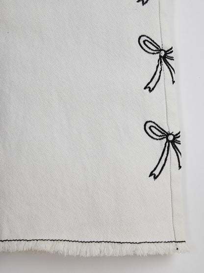 Knit N Knot Girls' Elastic Waist Stylish Wide Flaring Fit White Cotton Denim Jeans with Side Embroidery