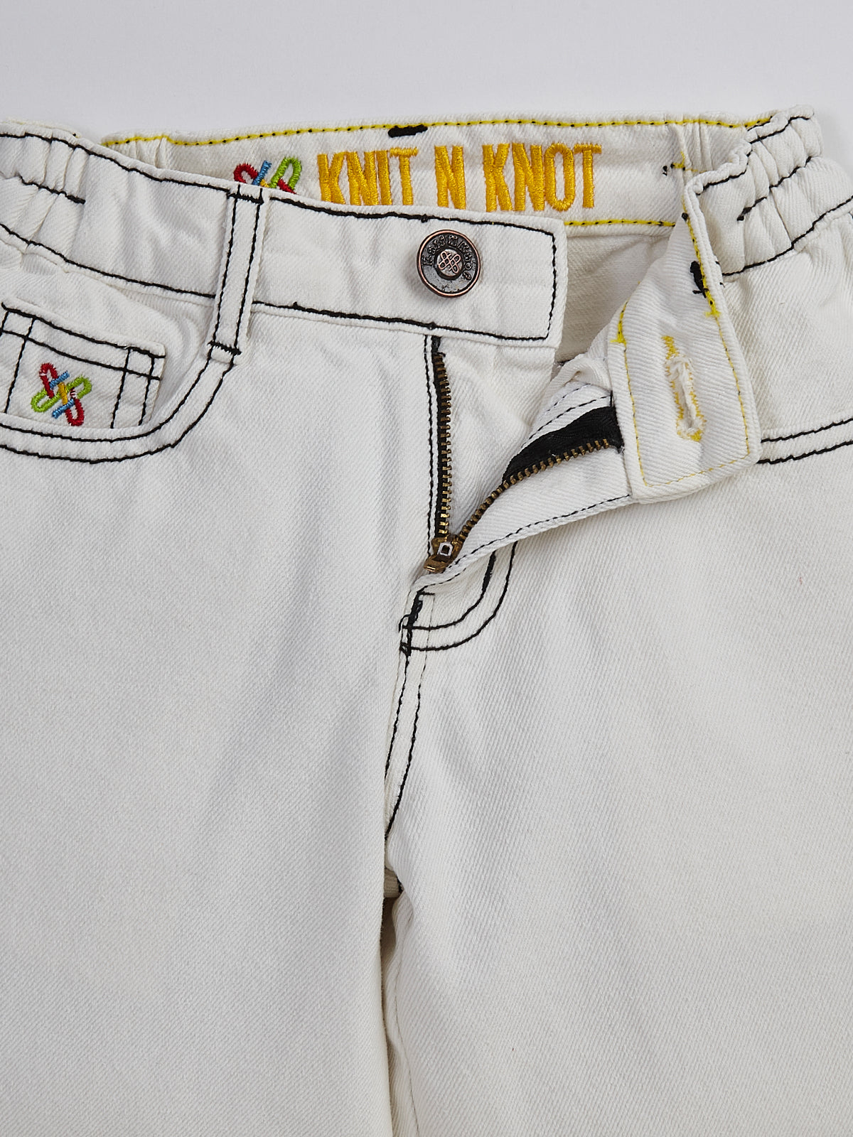 Knit N Knot Girls' Elastic Waist Stylish Wide Flaring Fit White Cotton Denim Jeans with Side Embroidery