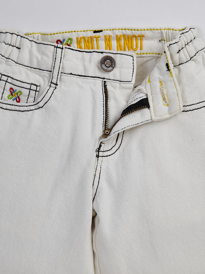 Knit N Knot Girls' Elastic Waist Stylish Wide Flaring Fit White Cotton Denim Jeans with Side Embroidery