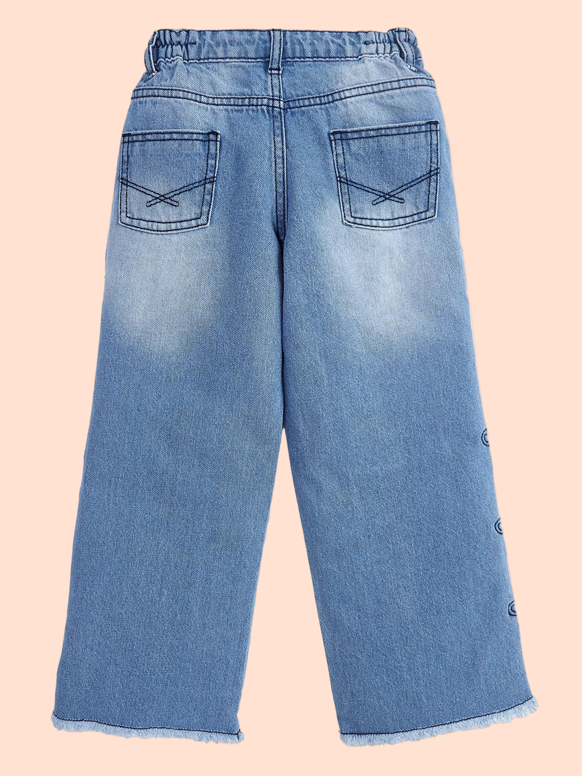 Knit N Knot Girls' Light Blue High Waist Wide Flaring Fit Cotton Denim Jeans with Embroidered Sides