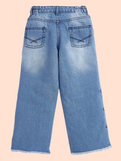 Knit N Knot Girls' Light Blue High Waist Wide Flaring Fit Cotton Denim Jeans with Embroidered Sides