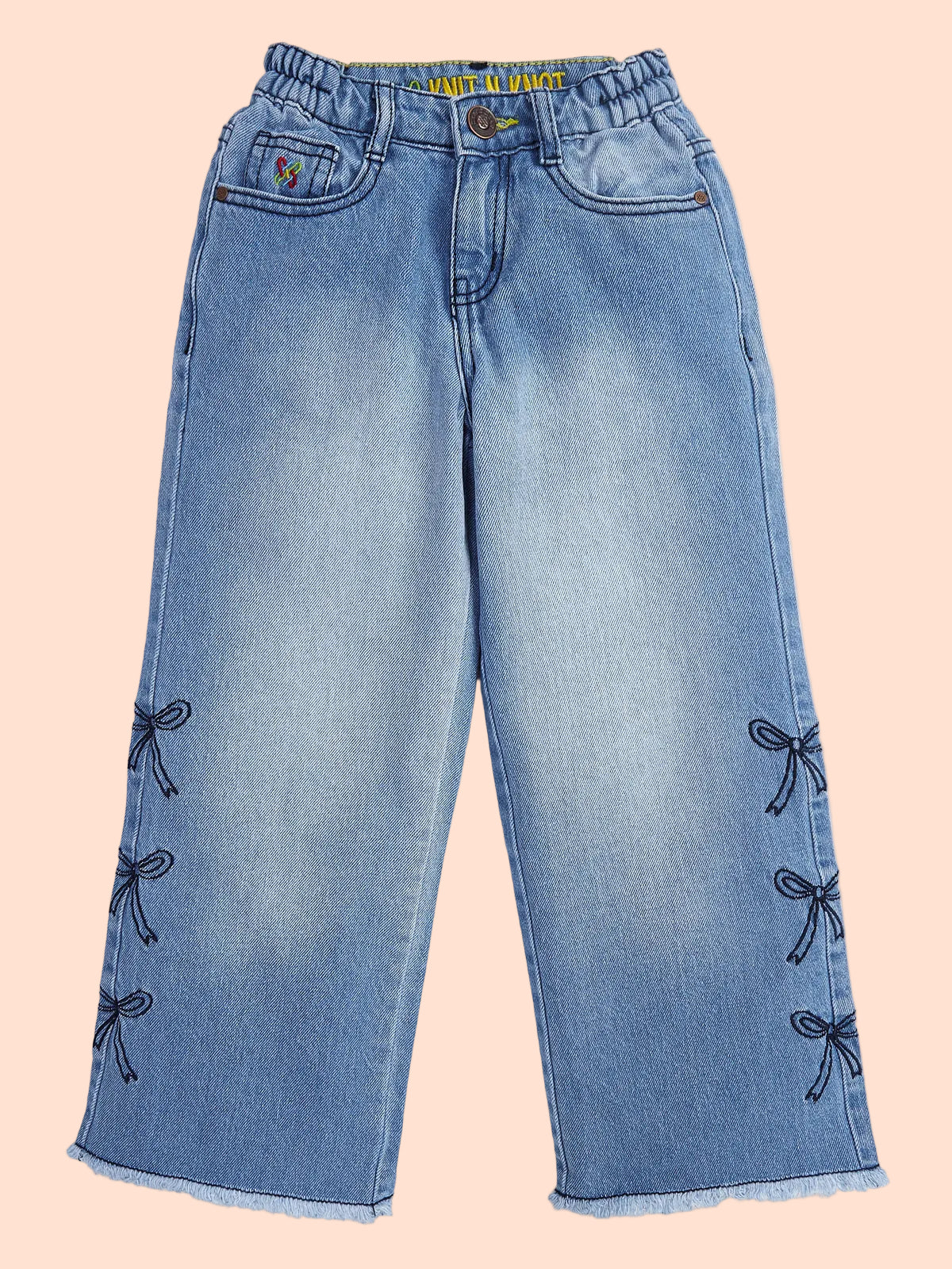Knit N Knot Girls' Light Blue High Waist Wide Flaring Fit Cotton Denim Jeans with Embroidered Sides