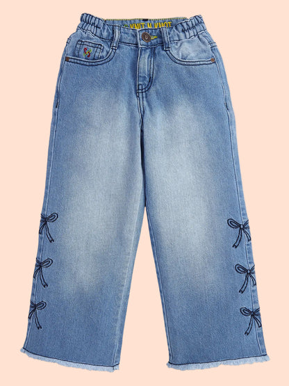 Knit N Knot Girls' Light Blue High Waist Wide Flaring Fit Cotton Denim Jeans with Embroidered Sides