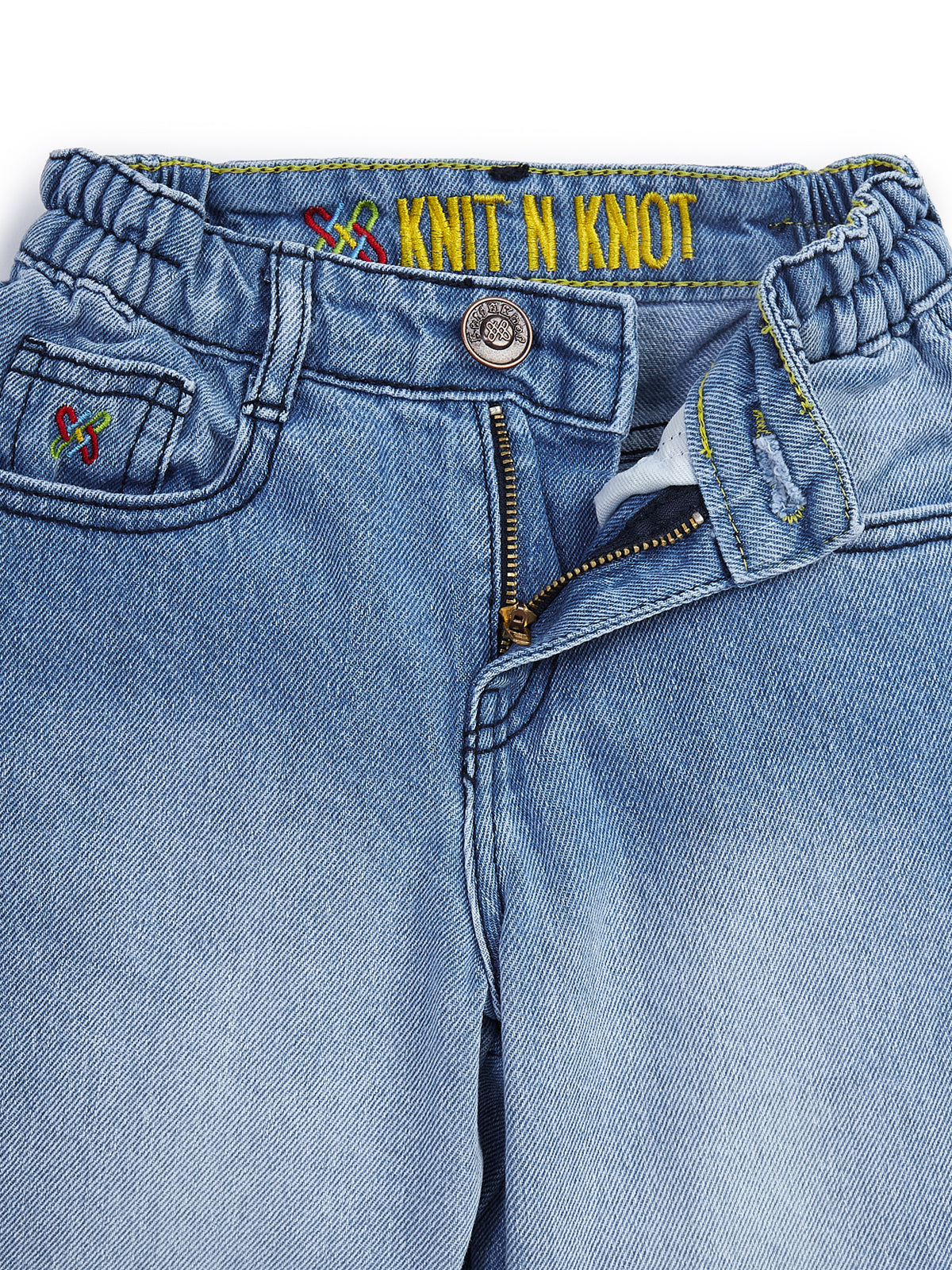 Knit N Knot Girls' Light Blue High Waist Wide Flaring Fit Cotton Denim Jeans with Embroidered Sides