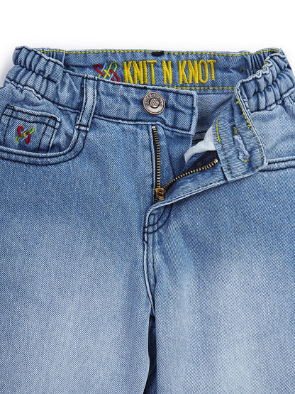 Knit N Knot Girls' Light Blue High Waist Wide Flaring Fit Cotton Denim Jeans with Embroidered Sides