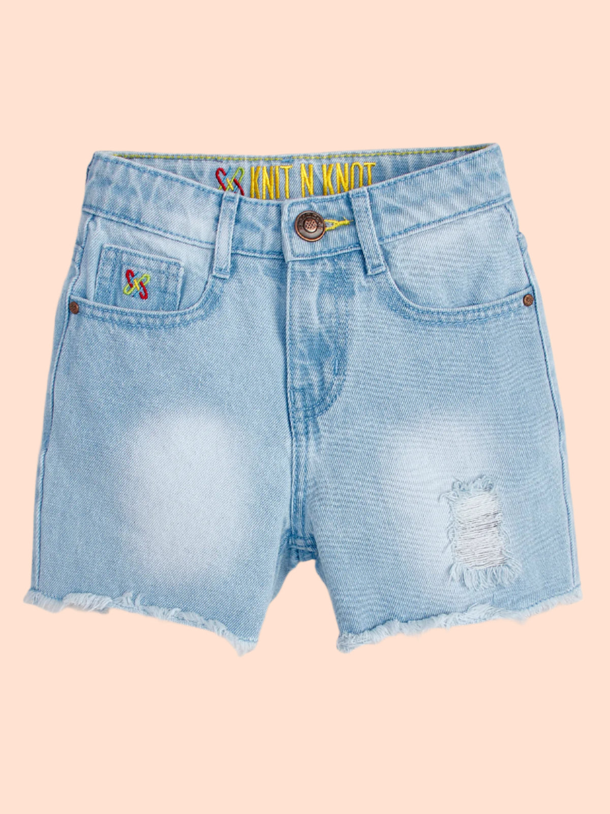 Knit N Knot Girls' Cotton Denim Shorts – Mid-Rise, Thigh-Length, Breathable, and Comfortable | Ruptured, Distressed, Faded | Stylish Casual Wear with Adjustable Waist and 5 Pockets