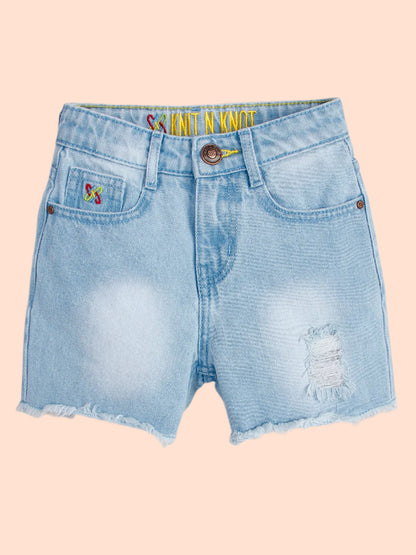 Knit N Knot Girls' Cotton Denim Shorts – Mid-Rise, Thigh-Length, Breathable, and Comfortable | Ruptured, Distressed, Faded | Stylish Casual Wear with Adjustable Waist and 5 Pockets