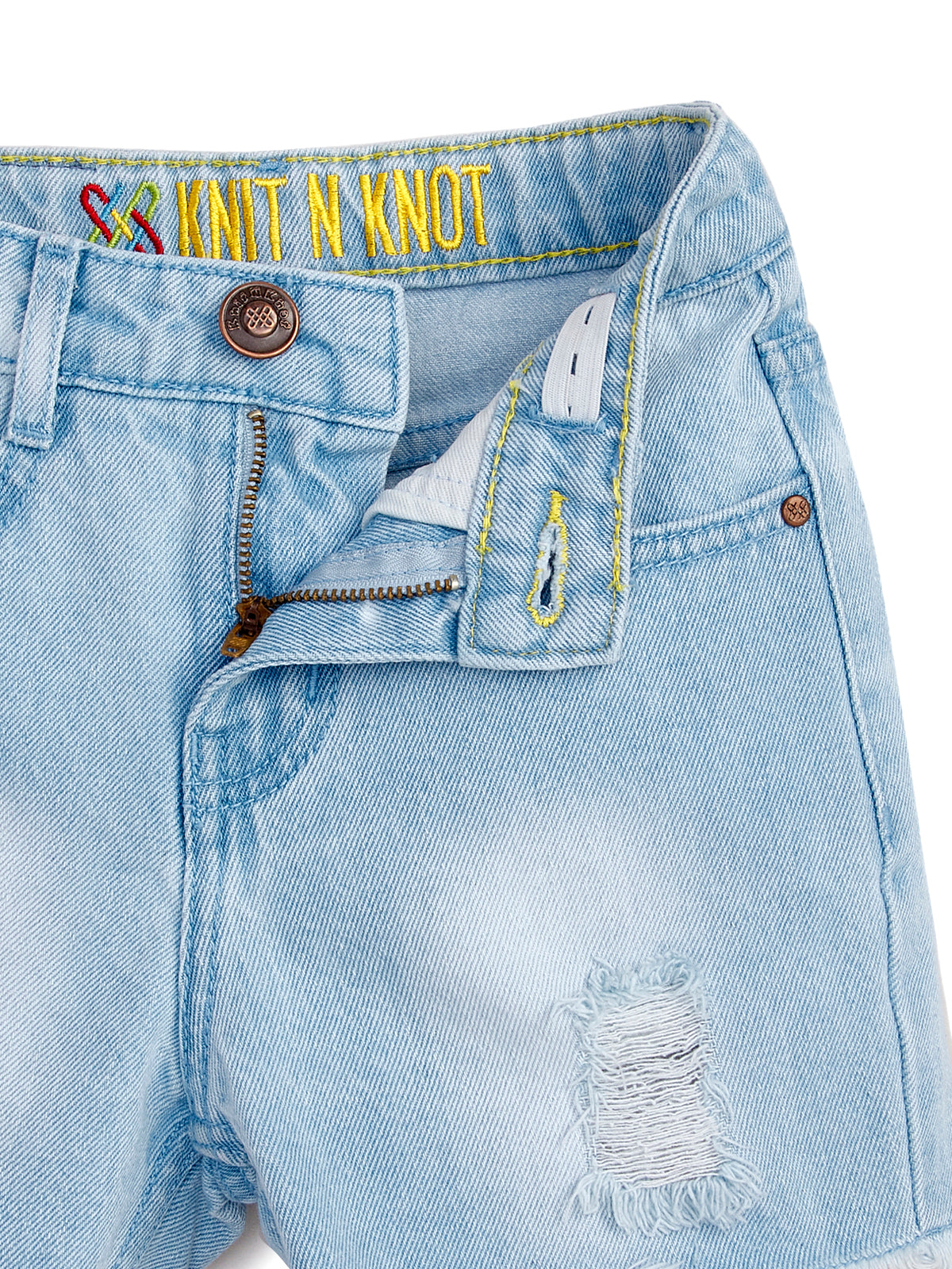 Knit N Knot Girls' Cotton Denim Shorts – Mid-Rise, Thigh-Length, Breathable, and Comfortable | Ruptured, Distressed, Faded | Stylish Casual Wear with Adjustable Waist and 5 Pockets