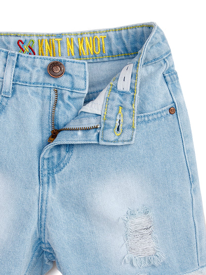 Knit N Knot Girls' Cotton Denim Shorts – Mid-Rise, Thigh-Length, Breathable, and Comfortable | Ruptured, Distressed, Faded | Stylish Casual Wear with Adjustable Waist and 5 Pockets