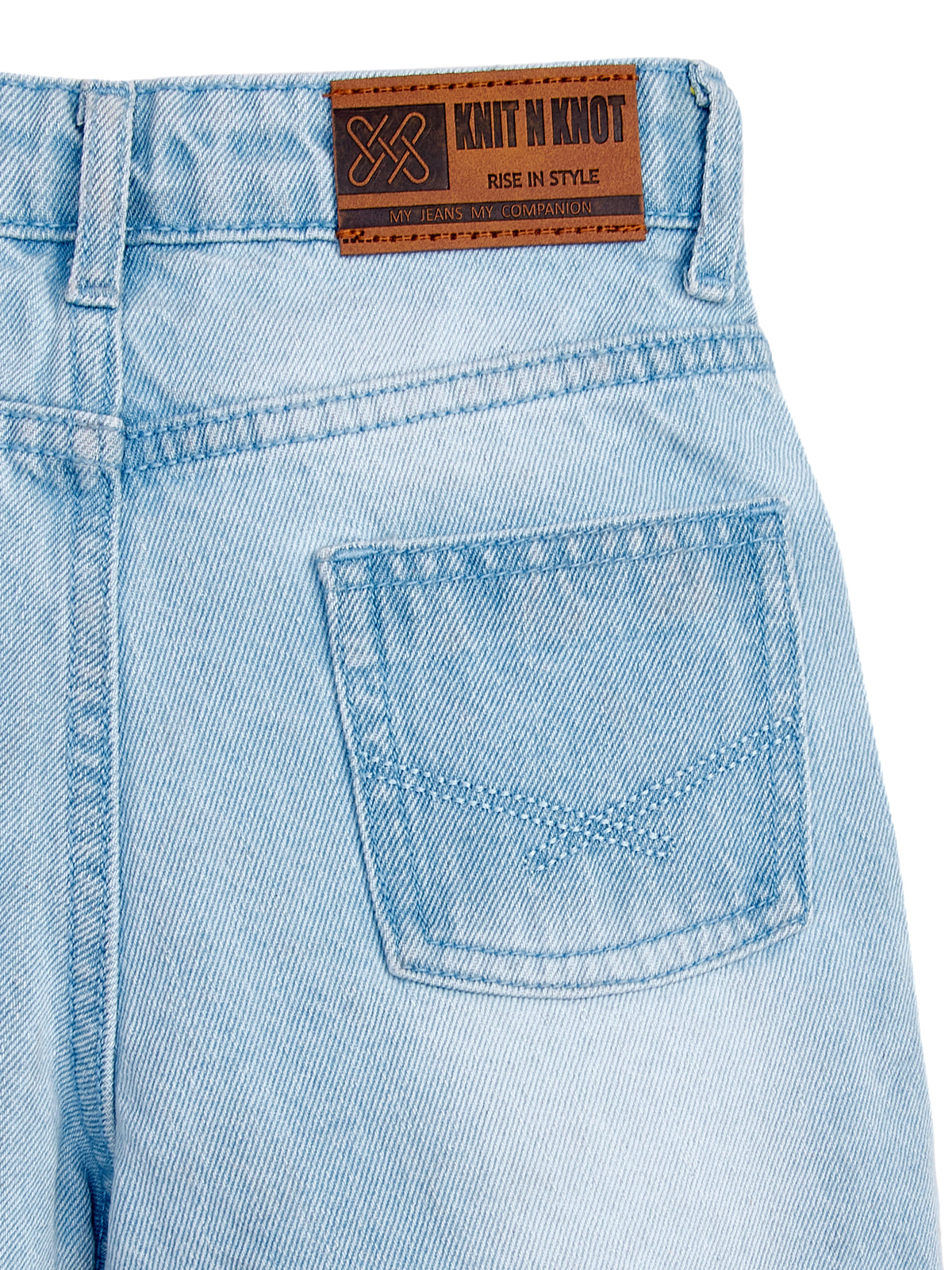 Knit N Knot Girls' Cotton Denim Shorts – Mid-Rise, Thigh-Length, Breathable, and Comfortable | Ruptured, Distressed, Faded | Stylish Casual Wear with Adjustable Waist and 5 Pockets