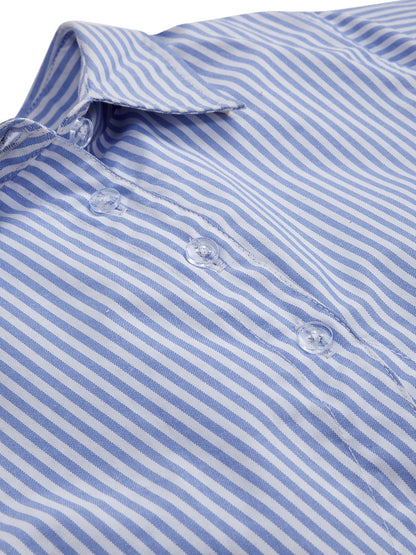 Knit N Knot Girls' Blue & White Striped Co-ord Set of Oxford Shirt Style Cotton Top with Shorts
