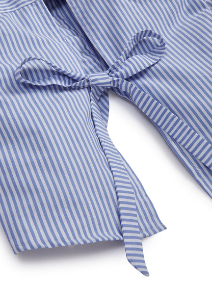 Knit N Knot Girls' Blue & White Striped Co-ord Set of Oxford Shirt Style Cotton Top with Shorts